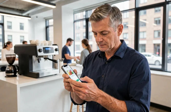 Homme consultant son compte Pass MultiCadeaux sur smartphone dans un espace de pause professionnel