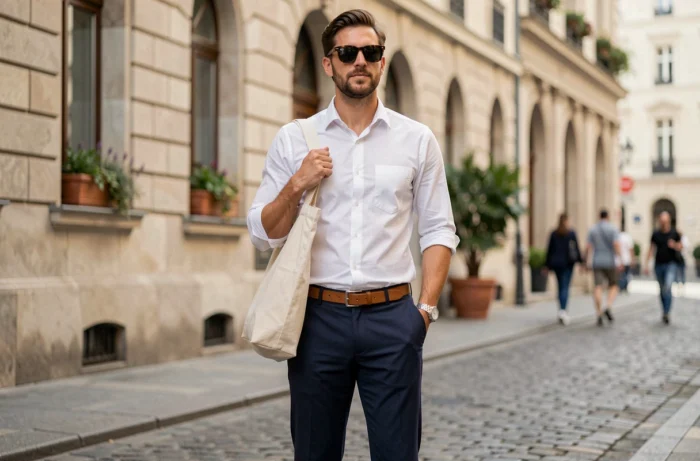 Homme stylé portant des accessoires tendance dans une rue pavée européenne