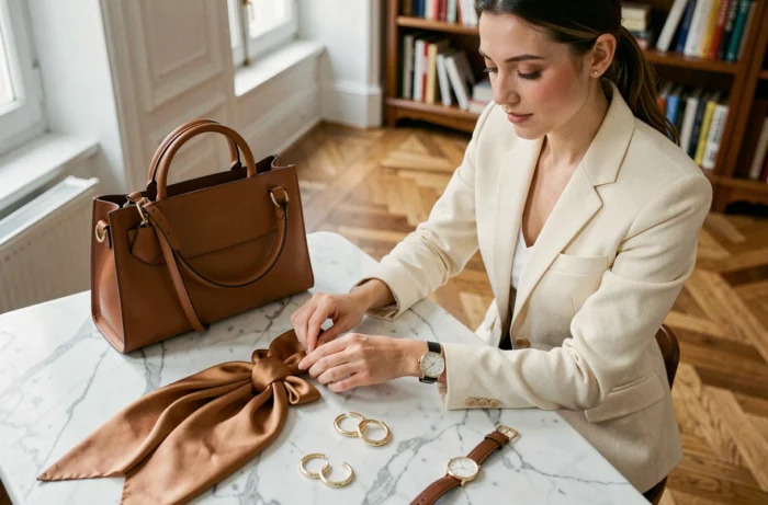 Femme élégante arrangeant des accessoires de mode tendance sur un marbre dans un appartement parisien