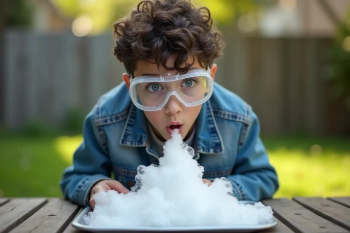 Adolescent observant une réaction mousseuse de bicarbonate de soude et vinaigre sur une table de pique-nique en extérieur pour créer de la fumée