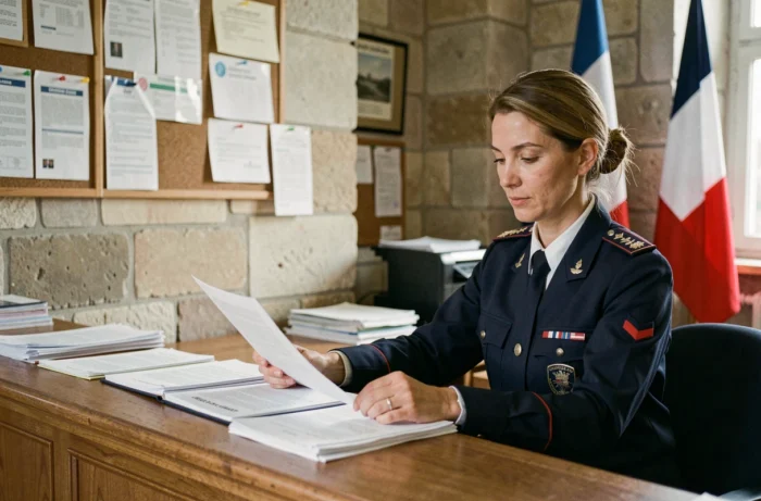 Agente territoriale de catégorie C en uniforme municipal travaillant à l'accueil d'une mairie française