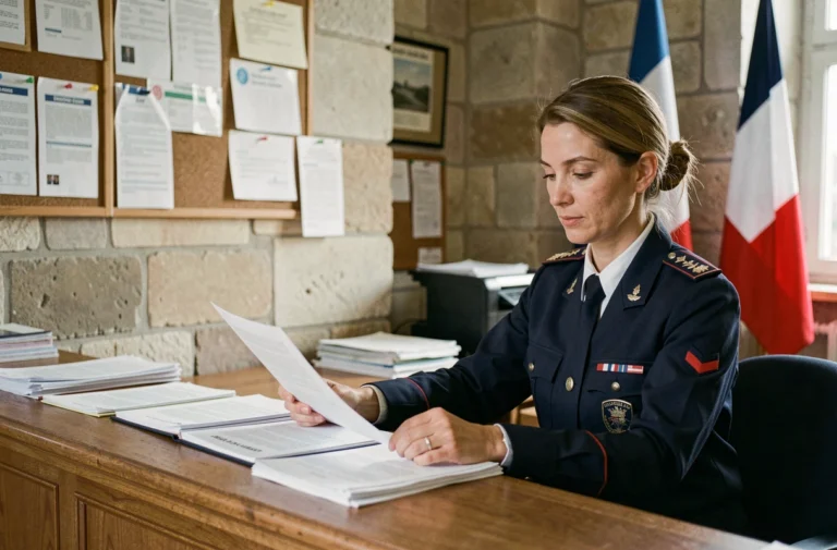 Agente territoriale de catégorie C en uniforme municipal travaillant à l'accueil d'une mairie française