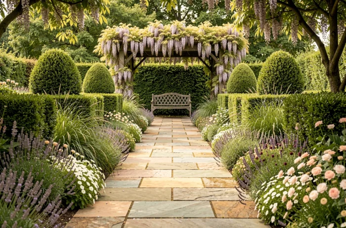 Allée en pierres naturelles bordée de topiaires et de plantes vivaces dans un jardin paysager résidentiel avec pergola en fer forgé