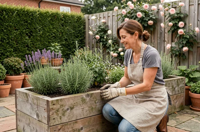 Femme aménageant un jardin avec des plantes aromatiques dans un bac en bois surélevé entouré de pots en terre cuite