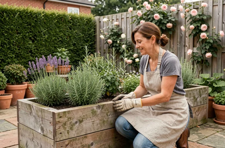 Femme aménageant un jardin avec des plantes aromatiques dans un bac en bois surélevé entouré de pots en terre cuite