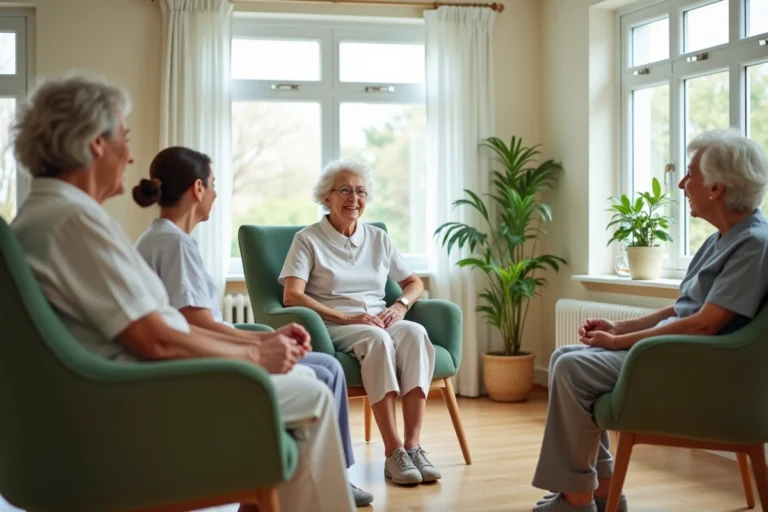 Salle commune d'un EHPAD moderne avec mobilier ergonomique adapté aux personnes âgées et soignante en interaction