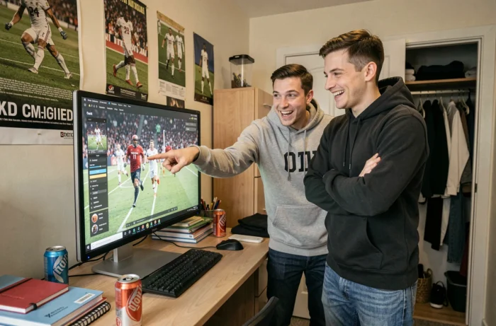 Deux amis regardant un match de football en direct gratuitement sur un ordinateur de bureau dans une chambre étudiante