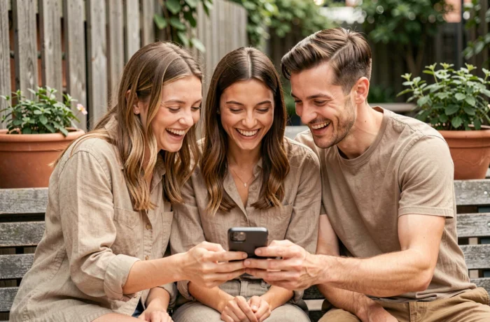 Groupe d'amis riant ensemble en regardant des vidéos amusantes sur un smartphone lors d'une sortie en terrasse