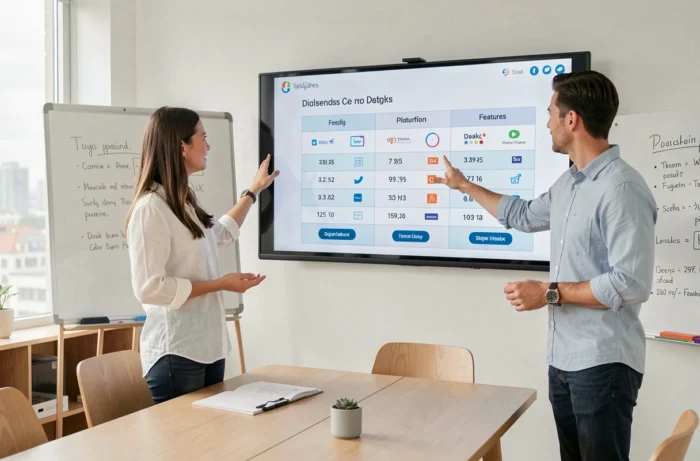 Deux collègues analysant un tableau comparatif de solutions numériques Prolencia Smart et Formanovadigital en salle de réunion