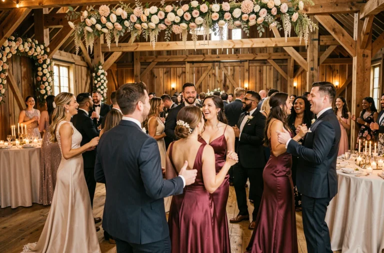Invités de mariage dansant joyeusement sur une piste de danse décorée de guirlandes florales dans une grange rustique chic