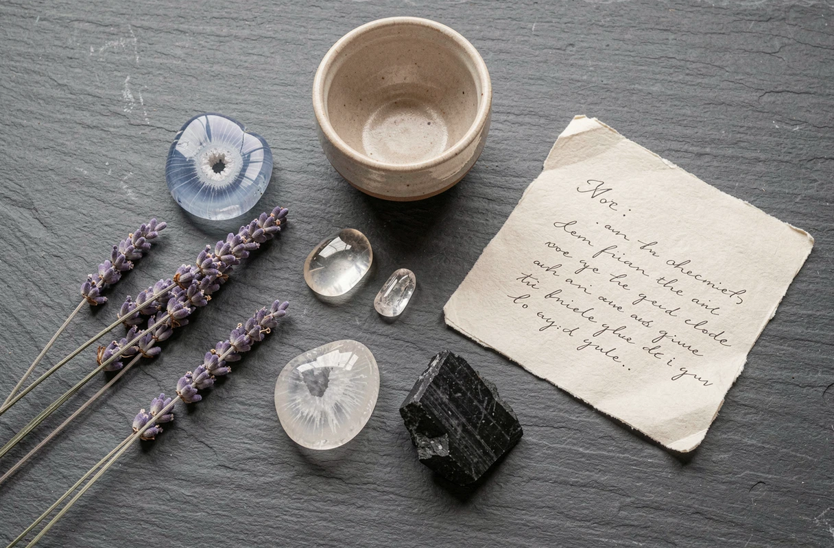 Arrangement de pierres anti-anxiété sur ardoise — agate bleue, pierre de lune et tourmaline noire — avec lavande séchée