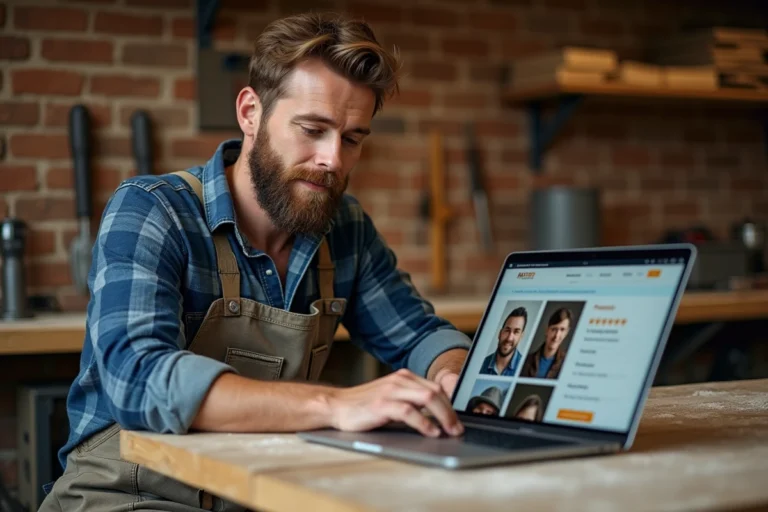 Artisan menuisier optimisant son profil professionnel en ligne depuis son atelier