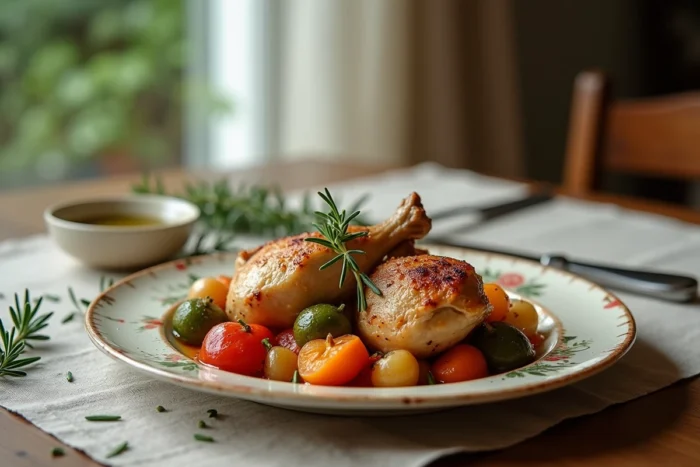 Assiette gastronomique de poulet rôti et légumes sur une table en bois avec nappe en lin et romarin frais