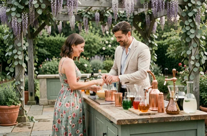 Couple d'invités préparant des cocktails lors d'un atelier créatif en plein air pendant un cocktail de mariage