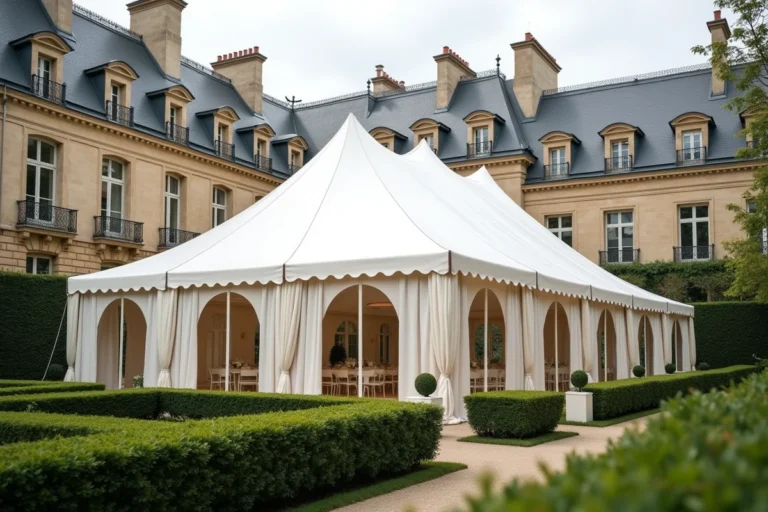 Grand barnum blanc de mariage installé dans un jardin parisien avec architecture haussmannienne en arrière-plan
