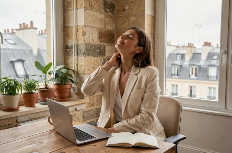 Femme professionnelle se détendant dans son bureau parisien avec vue sur les toits, illustrant l'équilibre entre travail et bien-être à Paris