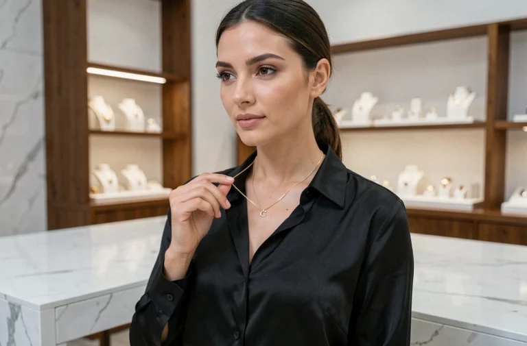 Femme élégante portant un collier en or Torrente dans une boutique parisienne au décor minimaliste en marbre blanc
