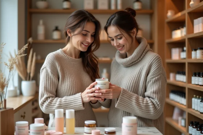 Deux femmes découvrant des produits de beauté bio dans une boutique de cosmétiques naturels moderne aux étagères en bois et au décor botanique