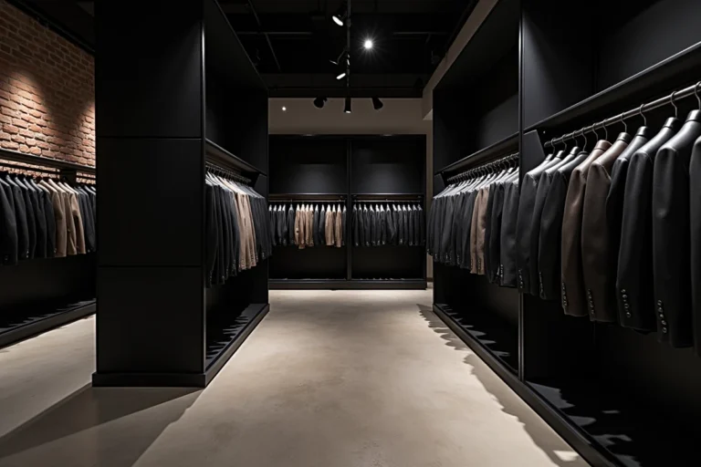 Intérieur d'une boutique The Kooples au style urbain chic avec vêtements en cuir sur des portants noirs minimalistes