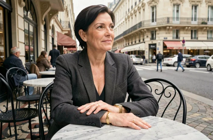 Femme distinguée portant un bracelet Torrente en or à une terrasse de café parisien avec un style moderne et raffiné