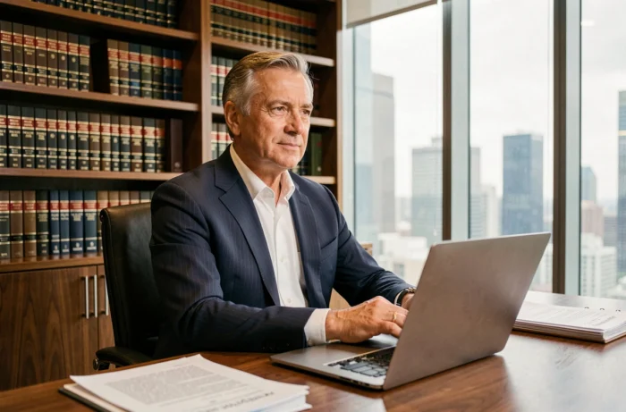 Portrait d'un dirigeant professionnel en costume dans son bureau executive, illustrant la biographie d'un parcours inspirant