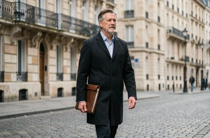 Homme d'affaires marchant dans une rue pavée parisienne avec des façades haussmanniennes, symbolisant un parcours de carrière ambitieux