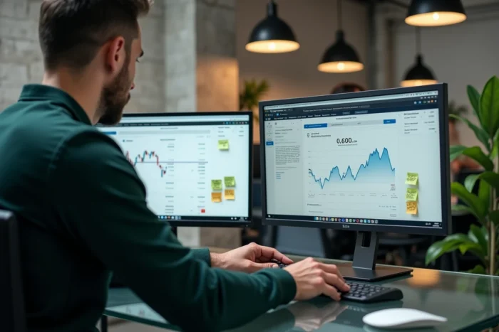 Configuration de bureau double écran pour gérer le retrait de crypto-monnaies vers un compte bancaire en euros