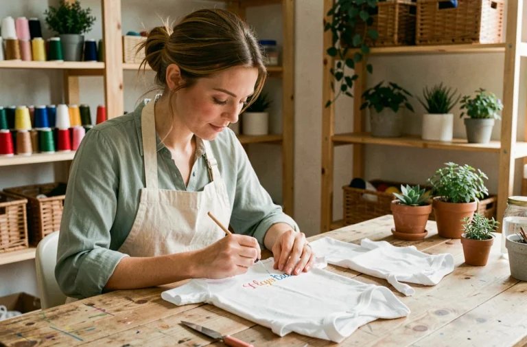 Femme brodant un prénom personnalisé sur un body bébé blanc dans un atelier artisanal chaleureux