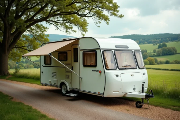 Caravane Rubis 310 blanche garée sur un chemin de campagne entouré de collines verdoyantes