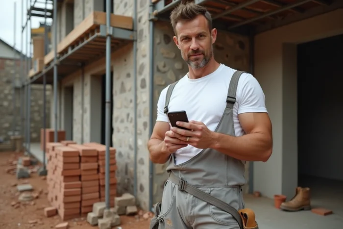 Carreleur consultant son profil professionnel en ligne sur smartphone sur un chantier de rénovation