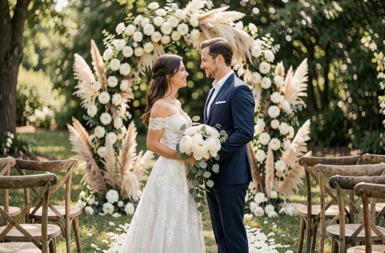 Mariés sous une arche florale en roses blanches et pampa lors d'une cérémonie de mariage en plein air dans un jardin verdoyant