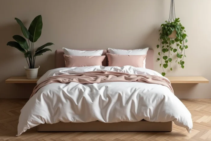 Chambre épurée et cocooning avec literie en percale blanche, coussins en lin rose poudré et plante verte sur étagère flottante