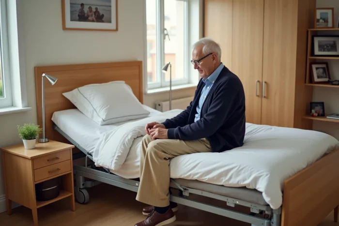 Chambre individuelle en EHPAD avec mobilier adapté et barres d'appui pour le confort et la sécurité du résident
