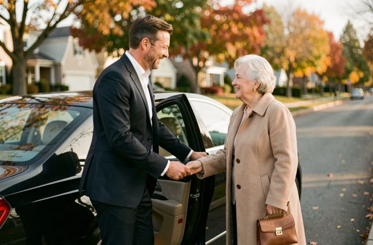 Chauffeur privé professionnel aidant une personne âgée à monter dans une berline noire