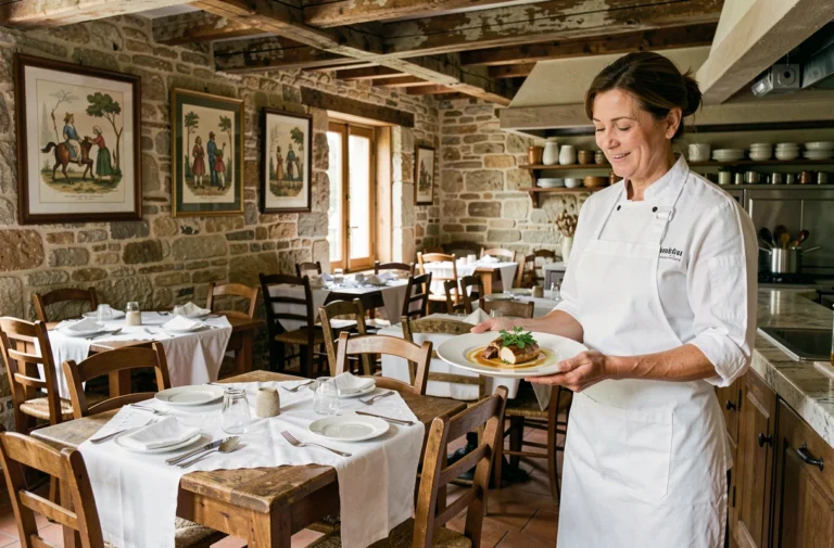 Cheffe cuisinière présentant un plat traditionnel français dans la salle rustique du restaurant La Cigale et la Fourchette