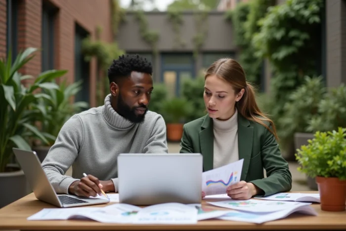 Deux jeunes professionnels collaborant sur un rapport lié aux principes du Pacte mondial des Nations Unies pour un avenir durable dans un espace de travail extérieur