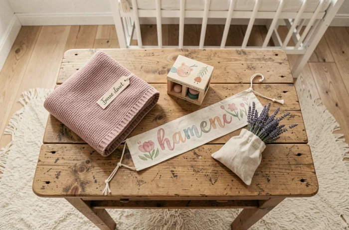 Collection de cadeaux bébé faits main personnalisés disposés sur une table en bois dans une chambre de bébé scandinave