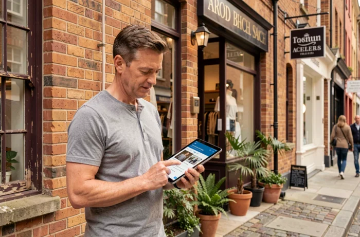 Propriétaire de commerce local consultant une solution de gestion de présence en ligne depuis sa devanture de boutique urbaine
