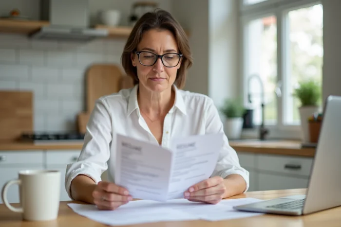 Femme comparant des versions imprimées et en ligne de son CV sur une tablette à la maison
