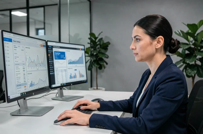 Femme professionnelle comparant des solutions logicielles Prolencia Smart et Formanovadigital sur deux écrans de bureau