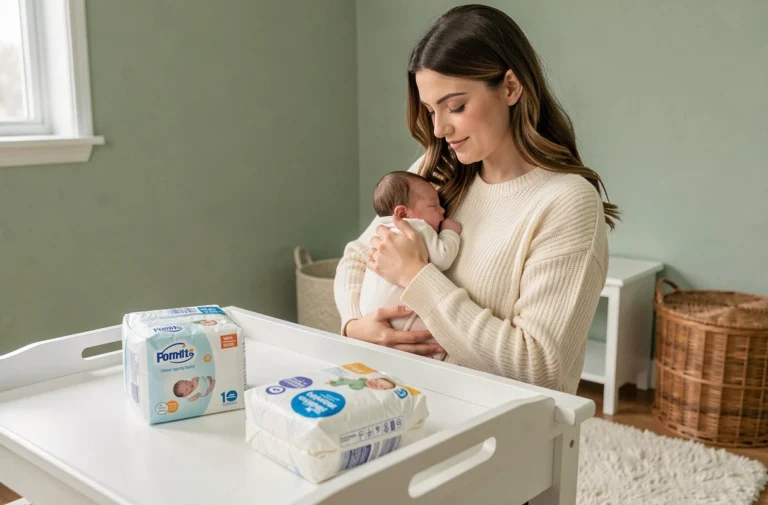 Jeune maman tenant un nouveau-né tout en comparant des emballages de couches Pampers Harmonie et Premium Protection sur une table à langer blanche en bois