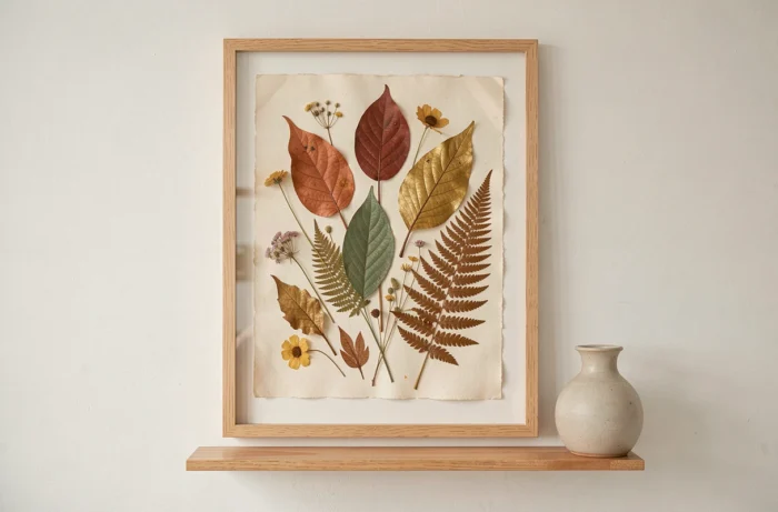 Composition encadrée avec des feuilles peintes et des fleurs pressées sur papier crème dans un cadre en bois naturel