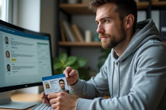 Un homme consultant une carte d'identité pour créer un compte administratif ANTS en ligne