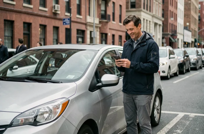 Conducteur vérifiant son application Citygo près de sa voiture en ville pour optimiser ses trajets et revenus