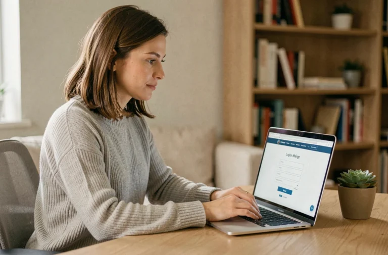Femme connectée à son compte Pass MultiCadeaux sur un ordinateur portable dans un bureau à domicile moderne