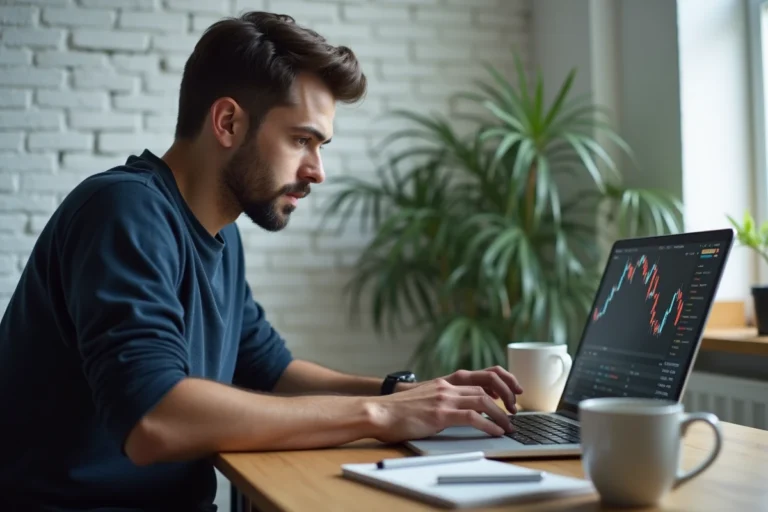 Homme utilisant un ordinateur portable pour convertir des crypto-monnaies en euros sur une plateforme d'échange