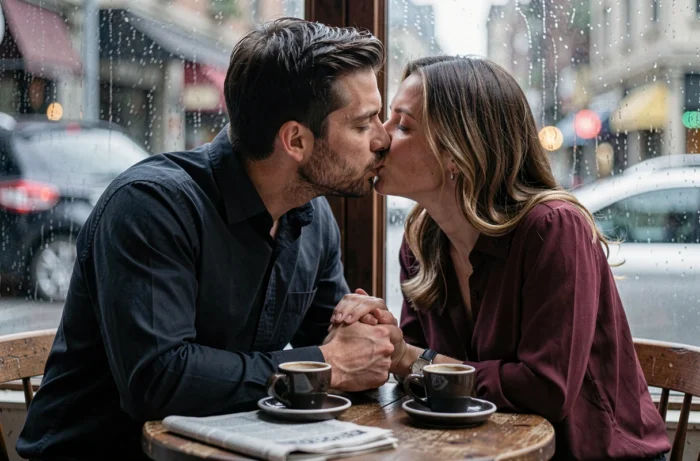 Couple s'embrassant amoureusement dans un café rustique, atmosphère intime et romantique avec fenêtre pluvieuse en arrière-plan