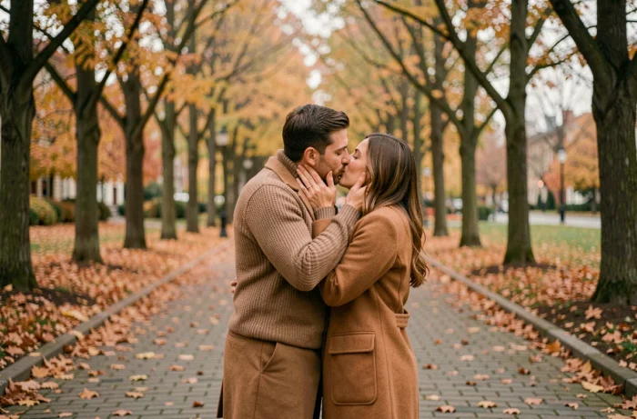 Couple amoureux s'embrassant tendrement dans un parc en automne, l'homme tenant délicatement le visage de sa partenaire