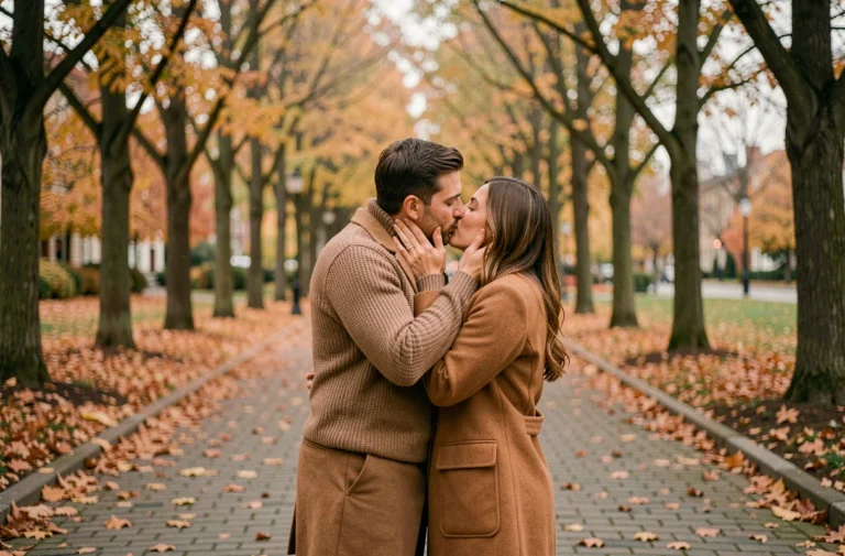 Couple amoureux s'embrassant tendrement dans un parc en automne, l'homme tenant délicatement le visage de sa partenaire