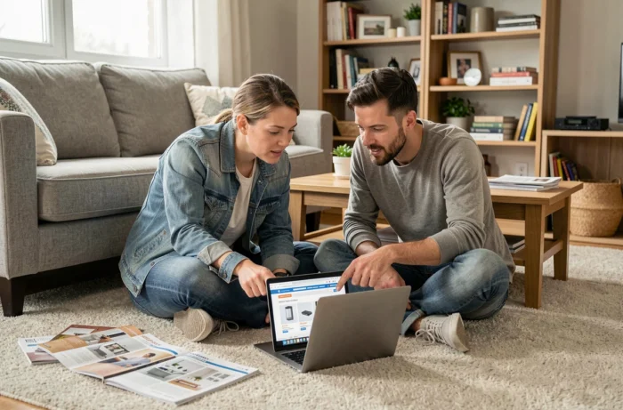 Couple discutant du choix d'équipements maison avec des brochures et un ordinateur portable dans leur salon